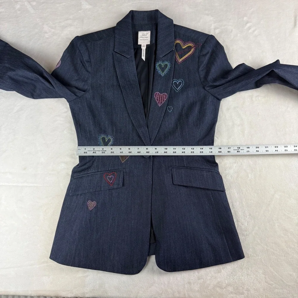 Cinq a Sept Cheyenne Blazer Women Size 6 Blue Denim Rhinestone Heart Embellished